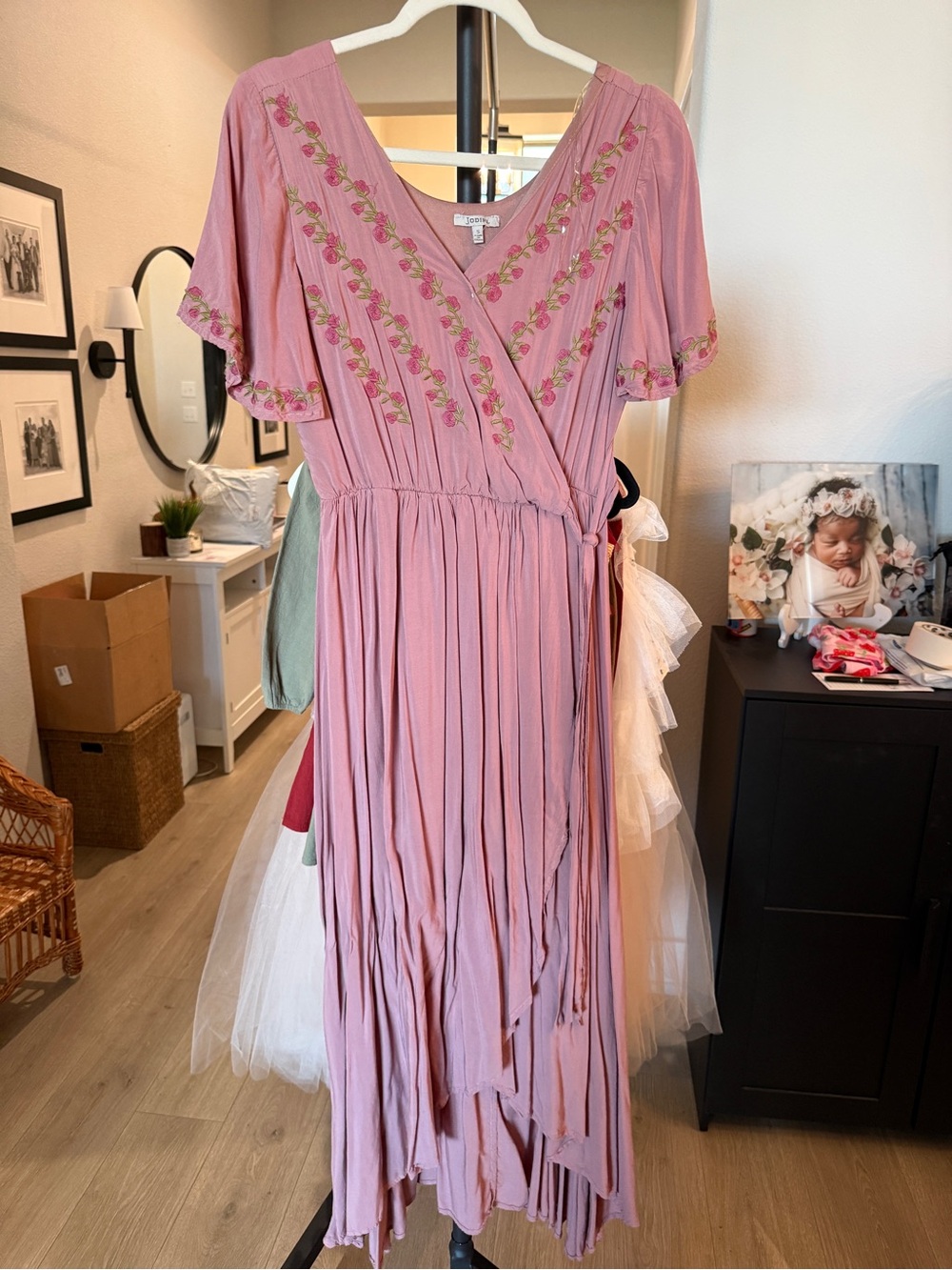 Bohemian Pink Embroidered Maxi Wrap Dress
